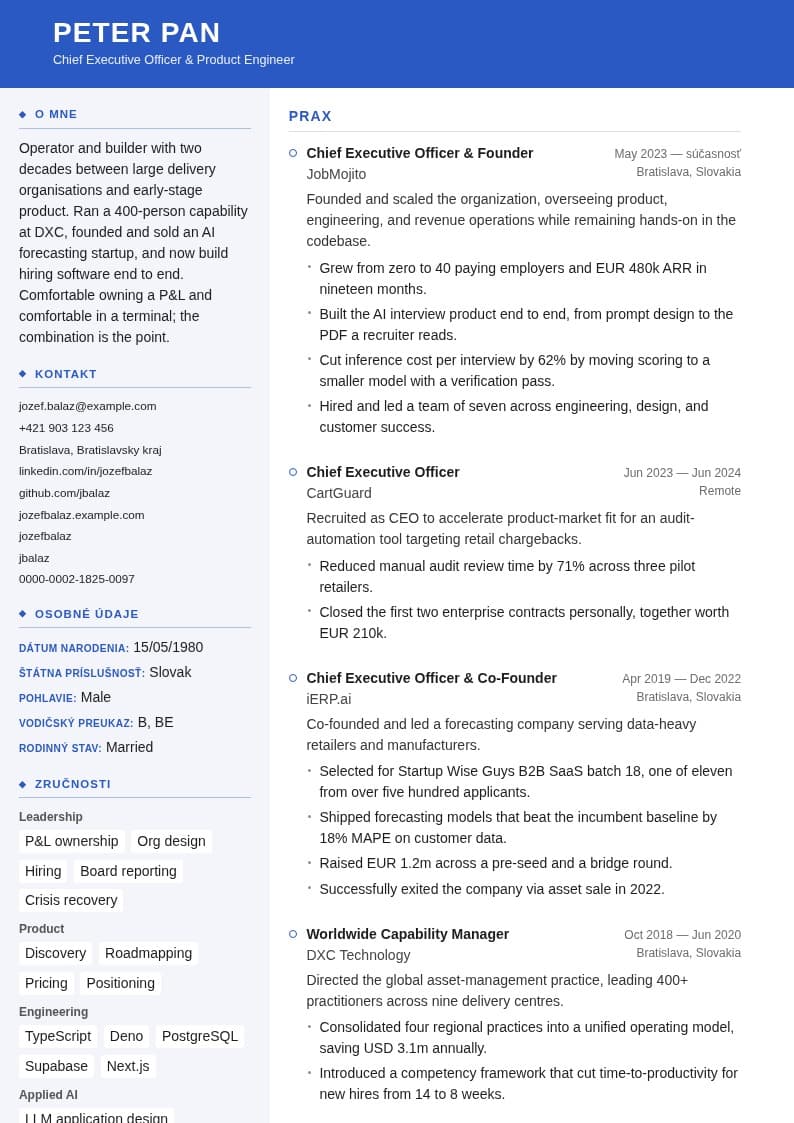 European CV · Sidebar resume template